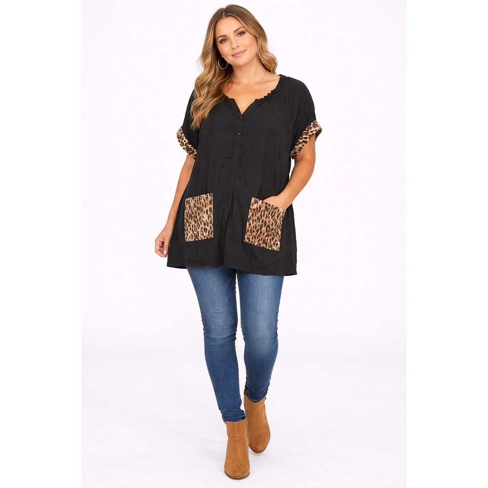 Umgee 2XL Black Leopard Print Pocket Tunic Top Short Sleeve Plus Size‎ V-Neck